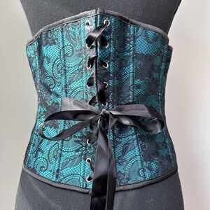 Corset Women XL Teal Black‎ Lace Ribbon Whimsygoth Coquette Dark Fairy